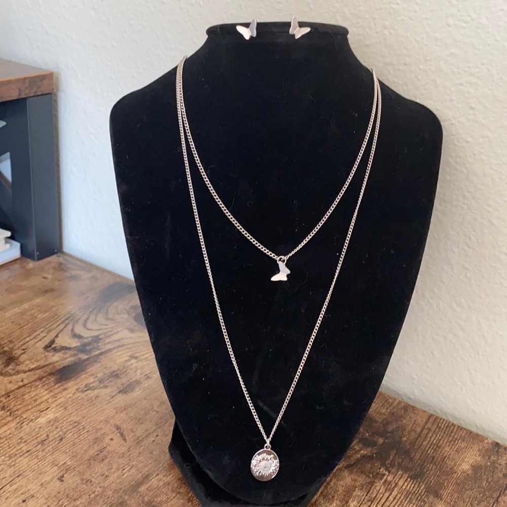 Silver Butterfly/Flower Earrings and Necklace Set